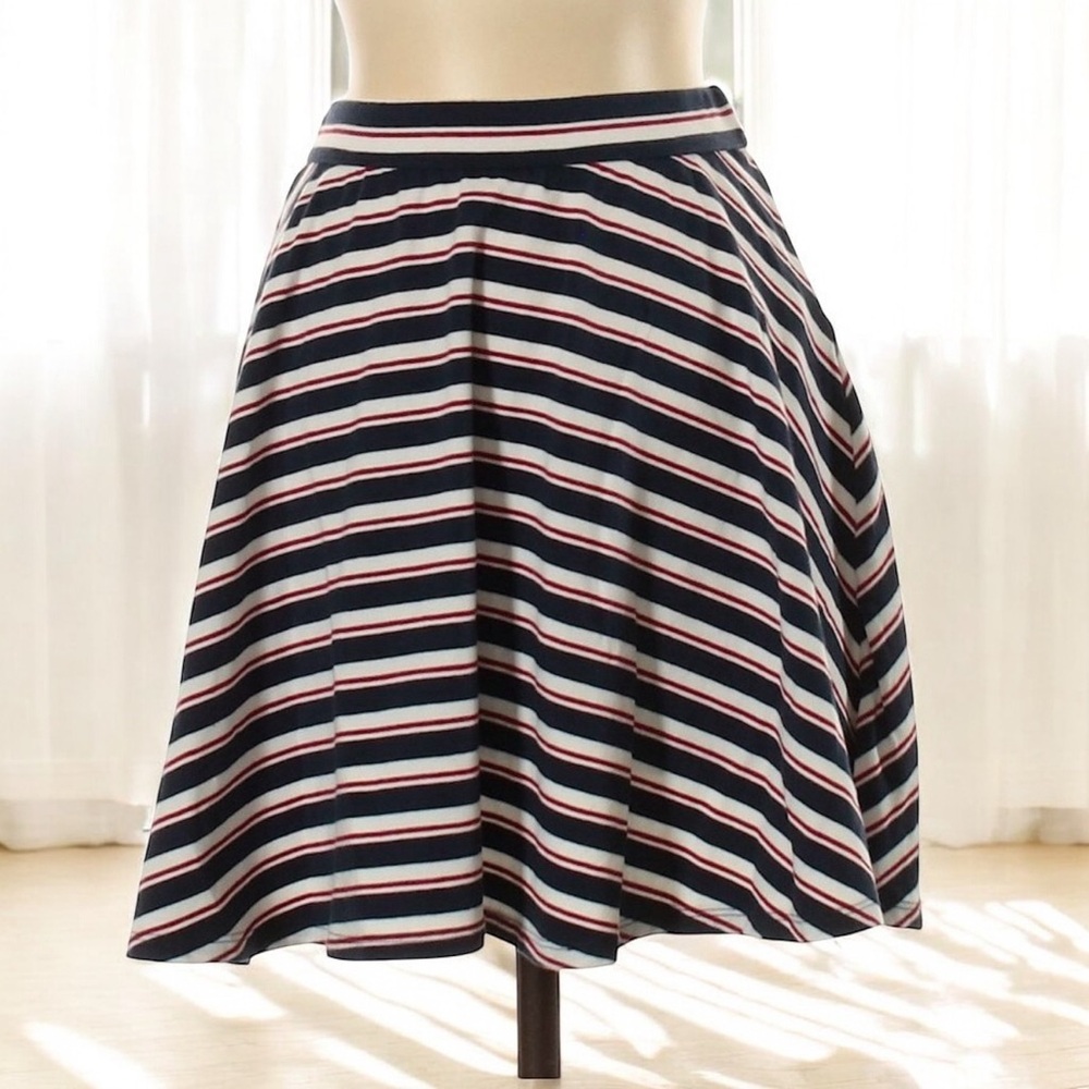Hollister Navy Striped A-Line Skirt | Preppy Cotton Mini | Size S - Picture 2 of 9